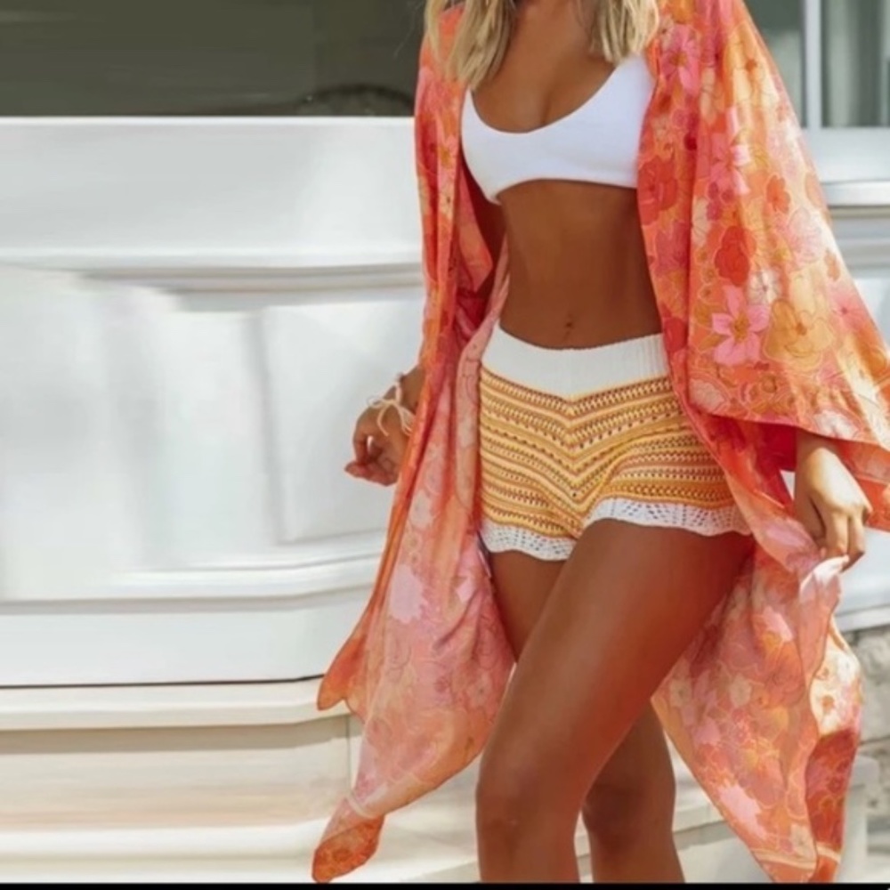 SOLD OUT Orange Boho Floral Print Short Kimono Coverup Wrap - Picture 5 of 8